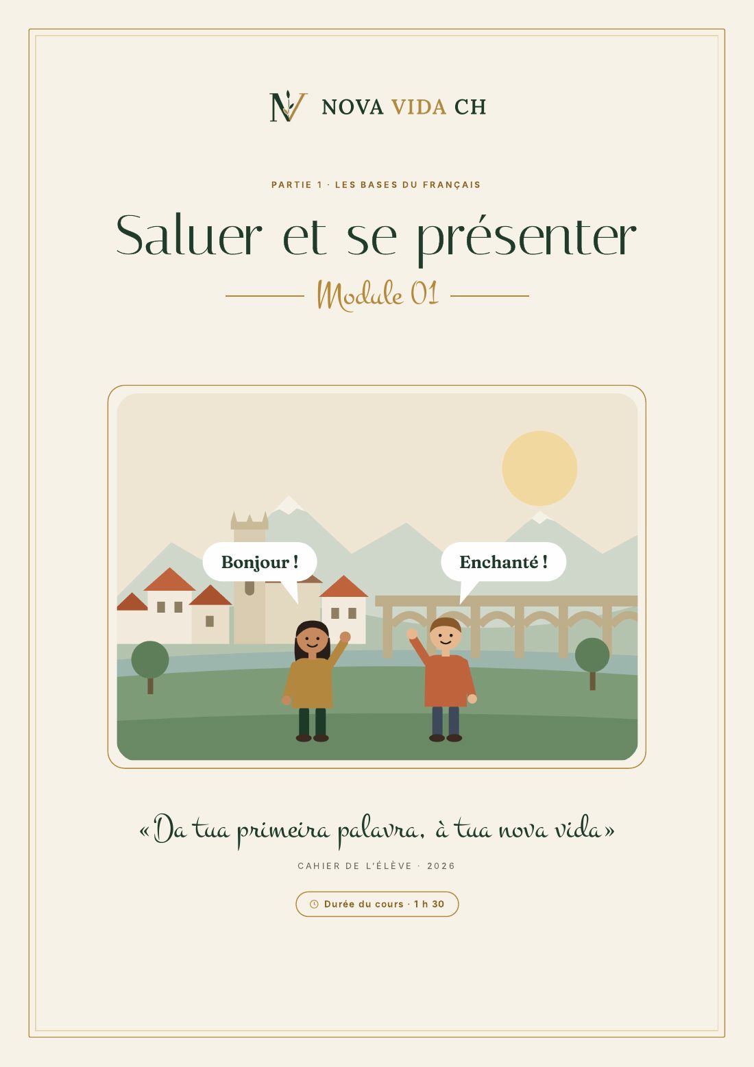 Capa do caderno do módulo 01, Saluer et se présenter, com duas personagens a dizer Bonjour e Enchanté numa paisagem suíça.