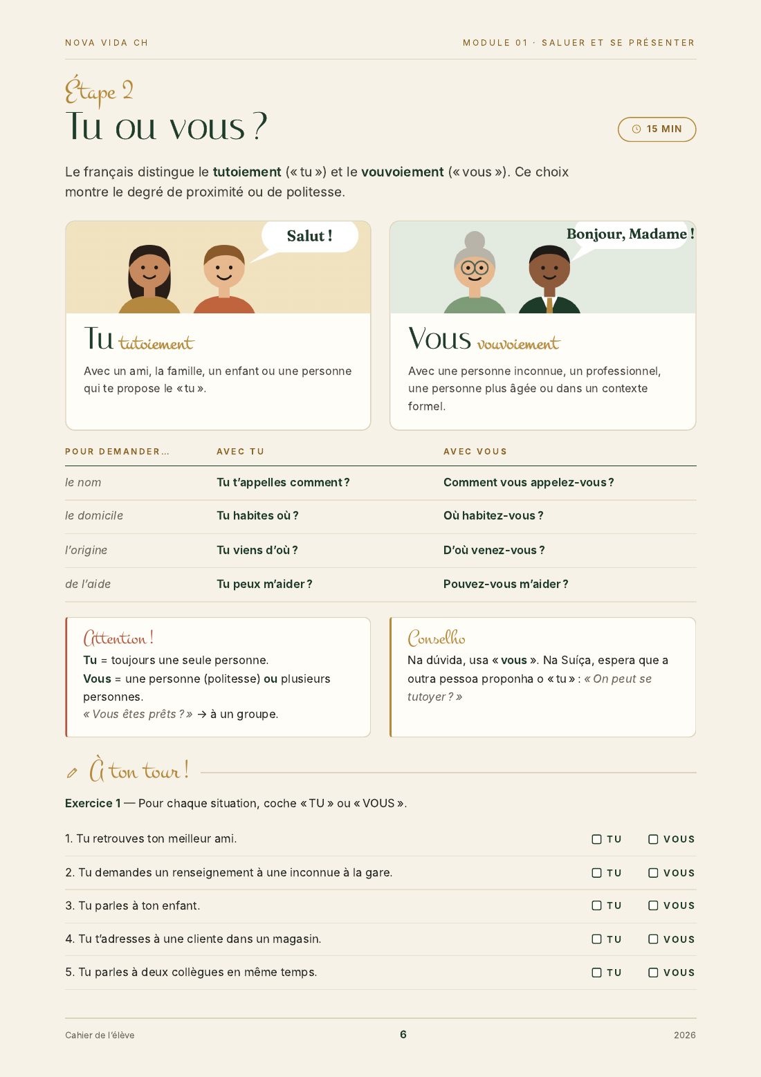 Página 6 do caderno, Tu ou vous ?, com o tutoiement e o vouvoiement.